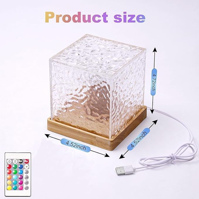 Crystal Cube Night Lamp – Water Ripple Effect, with Remote