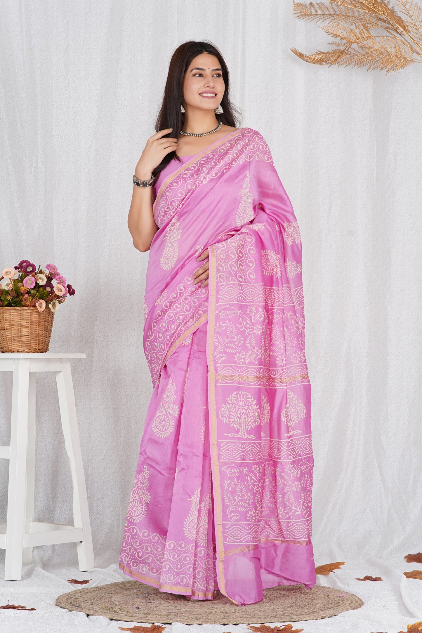 Chanderi Silk Sari - Sanganeri Hand Block Print
