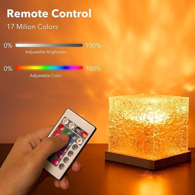 Crystal Cube Night Lamp – Water Ripple Effect, with Remote