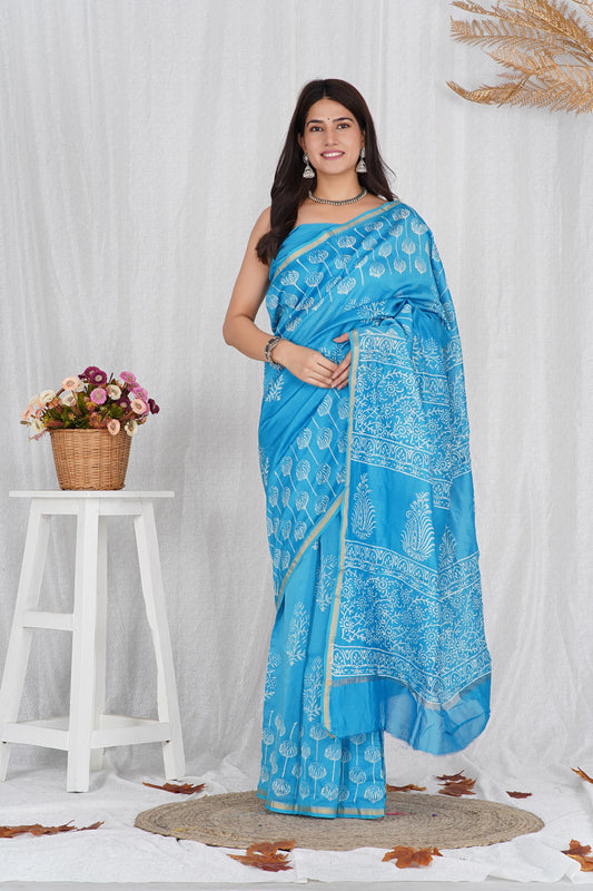 Chanderi Silk Sari - Sanganeri Hand Block Print