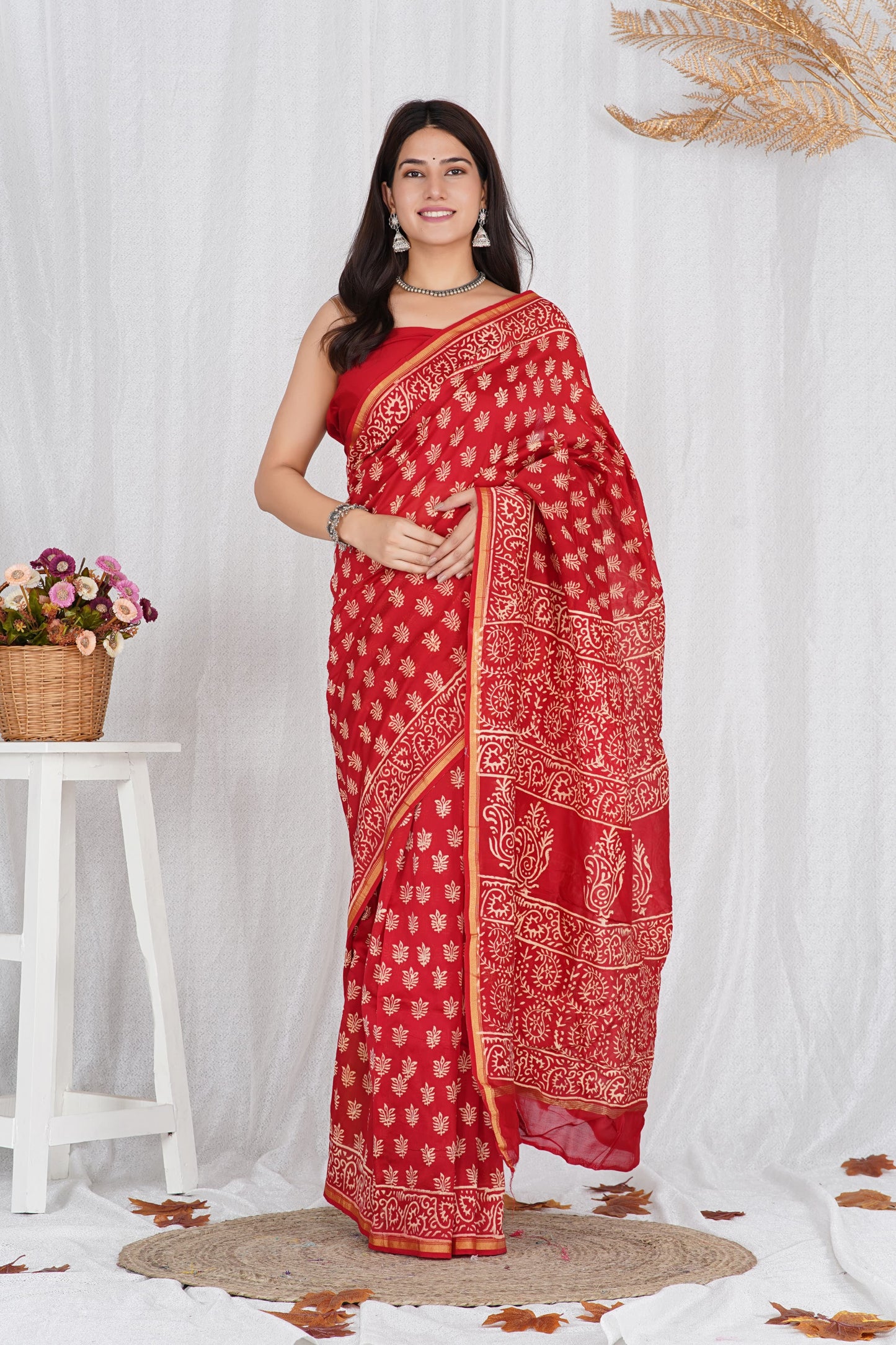 Chanderi Silk Sari - Sanganeri Hand Block Print