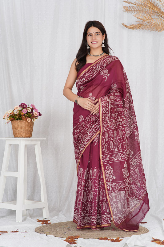 Chanderi Silk Sari - Sanganeri Hand Block Print