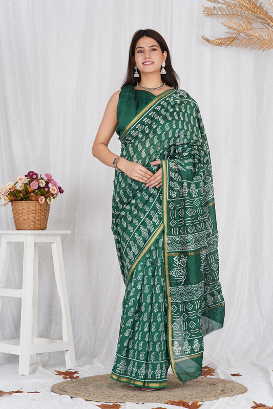 Chanderi Silk Sari - Sanganeri Hand Block Print