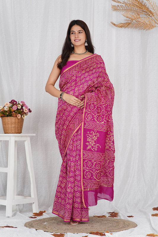 Chanderi Silk Sari - Sanganeri Hand Block Print