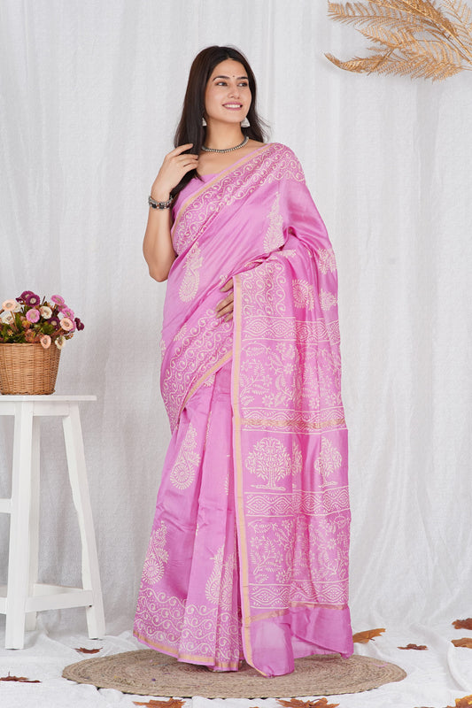 Chanderi Silk Sari - Sanganeri Hand Block Print