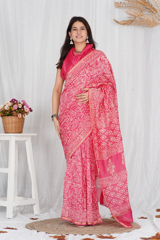 Chanderi Silk Sari - Sanganeri Hand Block Print