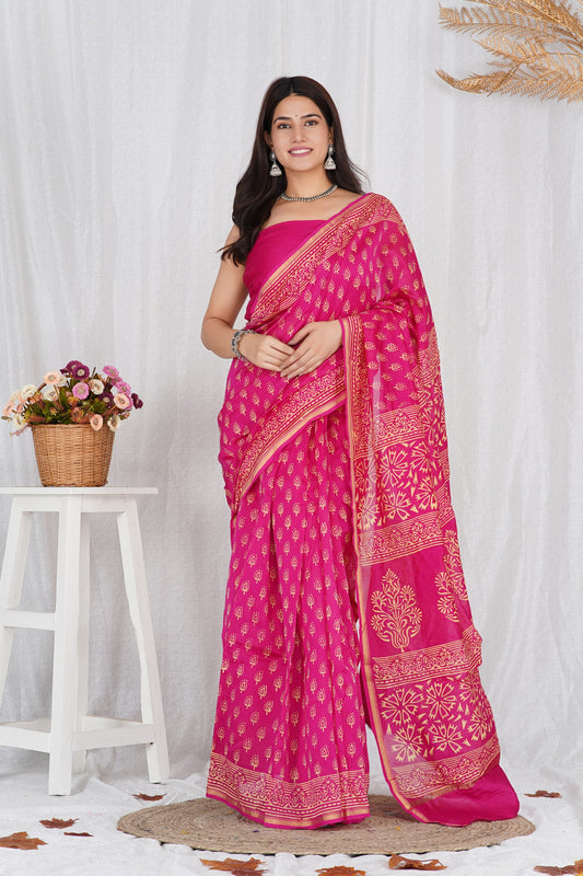 Chanderi Silk Sari - Sanganeri Hand Block Print